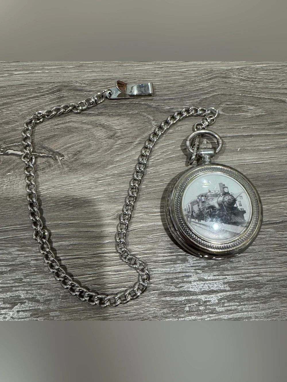 Silver Pocket Watch with Train Motif and Chain - Men Accessories